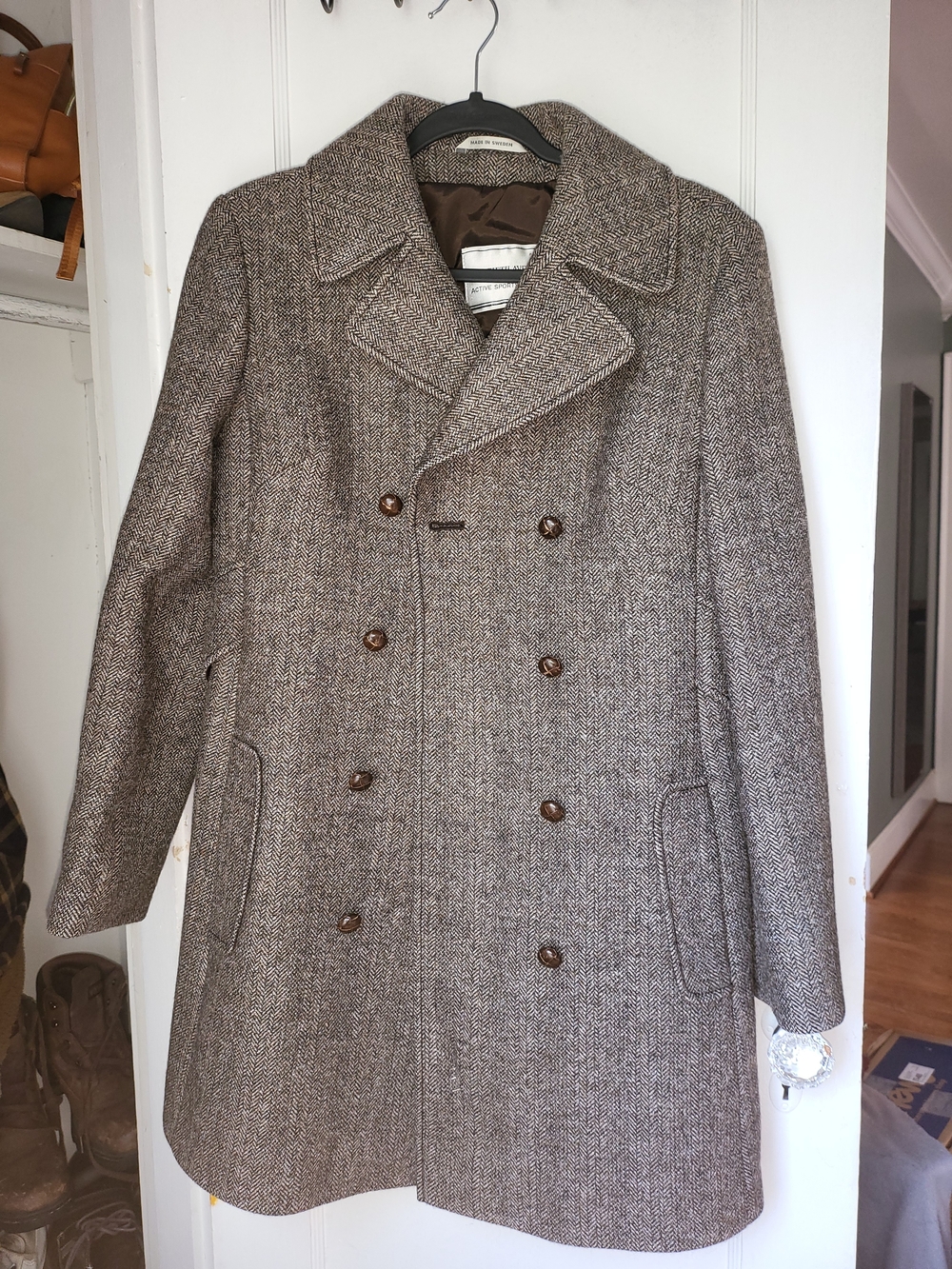 Saks Fifth Avenue Brown Herringbone Wool Peacoat